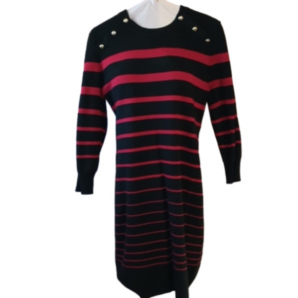 Calvin Klein Dresses & Skirts - N10. Calvin Klein Black & Red Horizontal Striped Bodycon button sweater dress XL